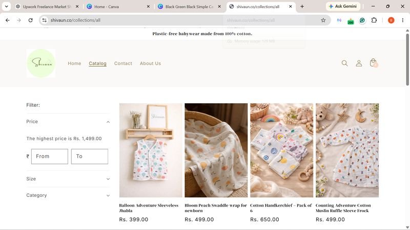 The Shivaun Shopify catalogue page on desktop, with filters and a grid of muslin products.