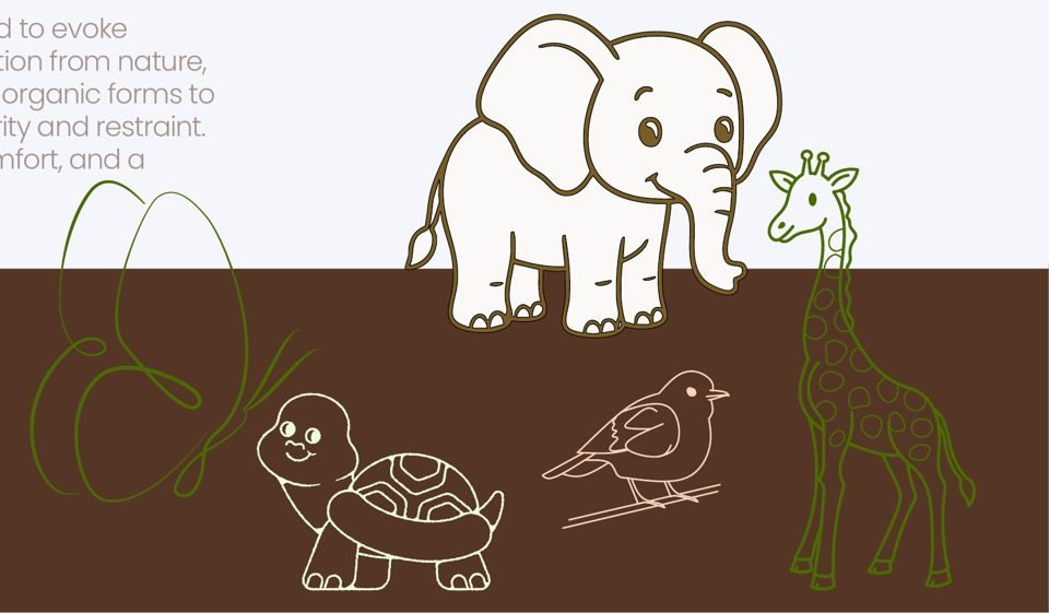Line illustrations from the Shivaun identity: an elephant, a giraffe, a tortoise, a bird on a branch and a butterfly.