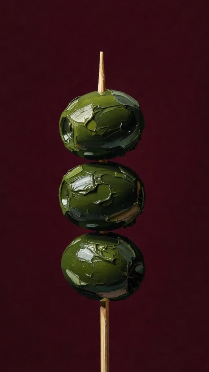 Three glossy green olives on a wooden skewer against a deep burgundy background.