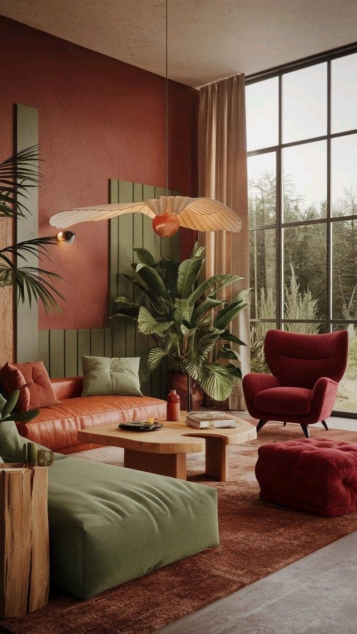 A living room with a terracotta wall, sage green panelling, a burgundy armchair and a sage floor cushion.