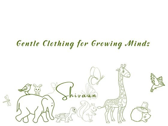 Packaging artwork: 'Gentle Clothing for Growing Minds' over a parade of line-drawn animals.
