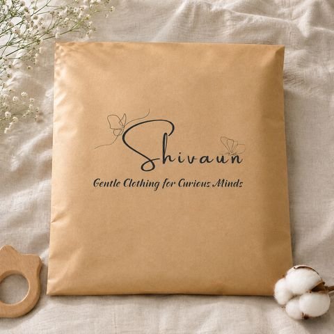 Kraft paper mailer printed with the Shivaun logo next to cotton flowers.