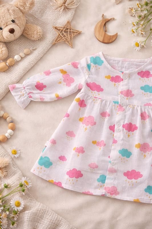 A Shivaun muslin frock with a cloud print, laid on linen with wooden toys and daisies.